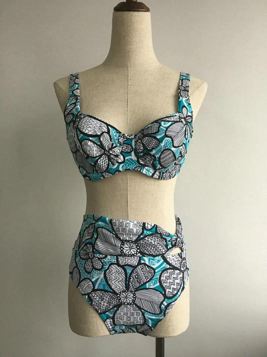 Blau-weißer, geometrisch geblümter Split-Bikini mit hoher Taille, Bauchkontrolle, Bügel, Push-Up-Badebekleidung