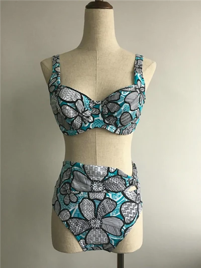 Blau-weißer, geometrisch geblümter Split-Bikini mit hoher Taille, Bauchkontrolle, Bügel, Push-Up-Badebekleidung