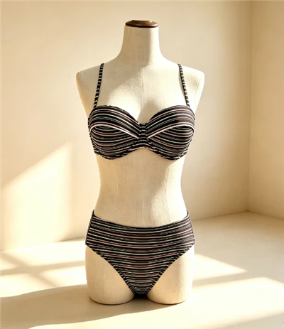 Gestreiftes zweiteiliges Bandeau-Bikini-Set für Damen mit hoher Taille und abnehmbaren Schultergurten