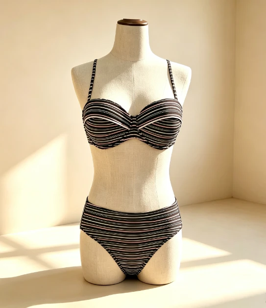 Gestreiftes zweiteiliges Bandeau-Bikini-Set für Damen mit hoher Taille und abnehmbaren Schultergurten